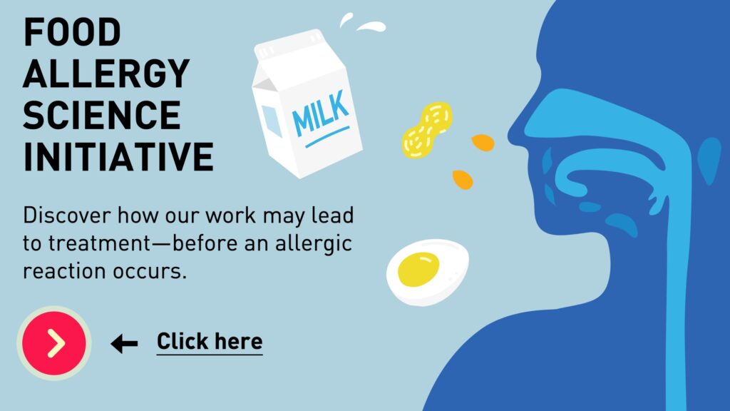 Still frame from Food Allergy Science Initiative's interactive graphic. Discover how we may find treatment before an allergic reaction occurs.